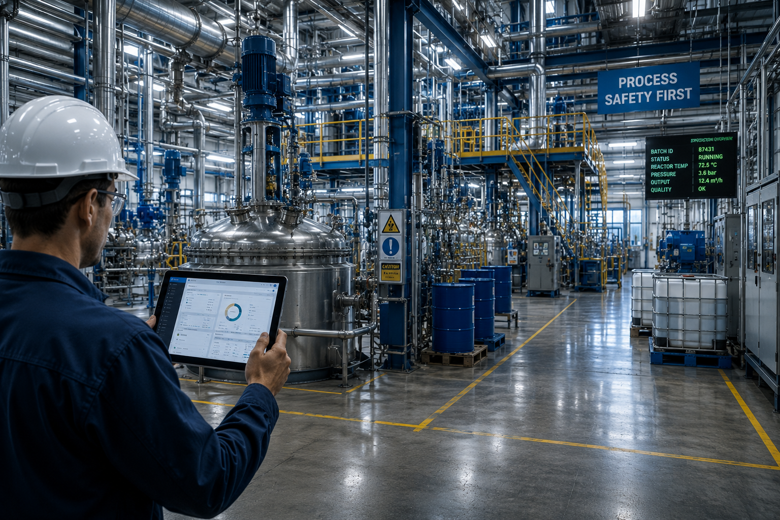 Process engineer reviewing batch data on a tablet in a chemical processing plant